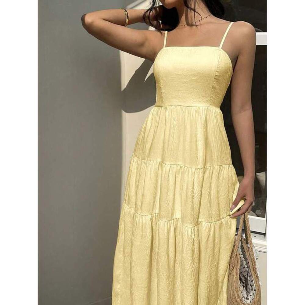 Sunnyshic Apricot Textured Fabric Drawstring Pleated Camisole Dress, Loose & Sli - Picture 6 of 6